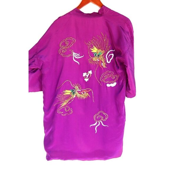 Boho Women's Large Purple Kimono Jacket Embroidered Dragon Satin Open Short Robe - Picture 5 of 6